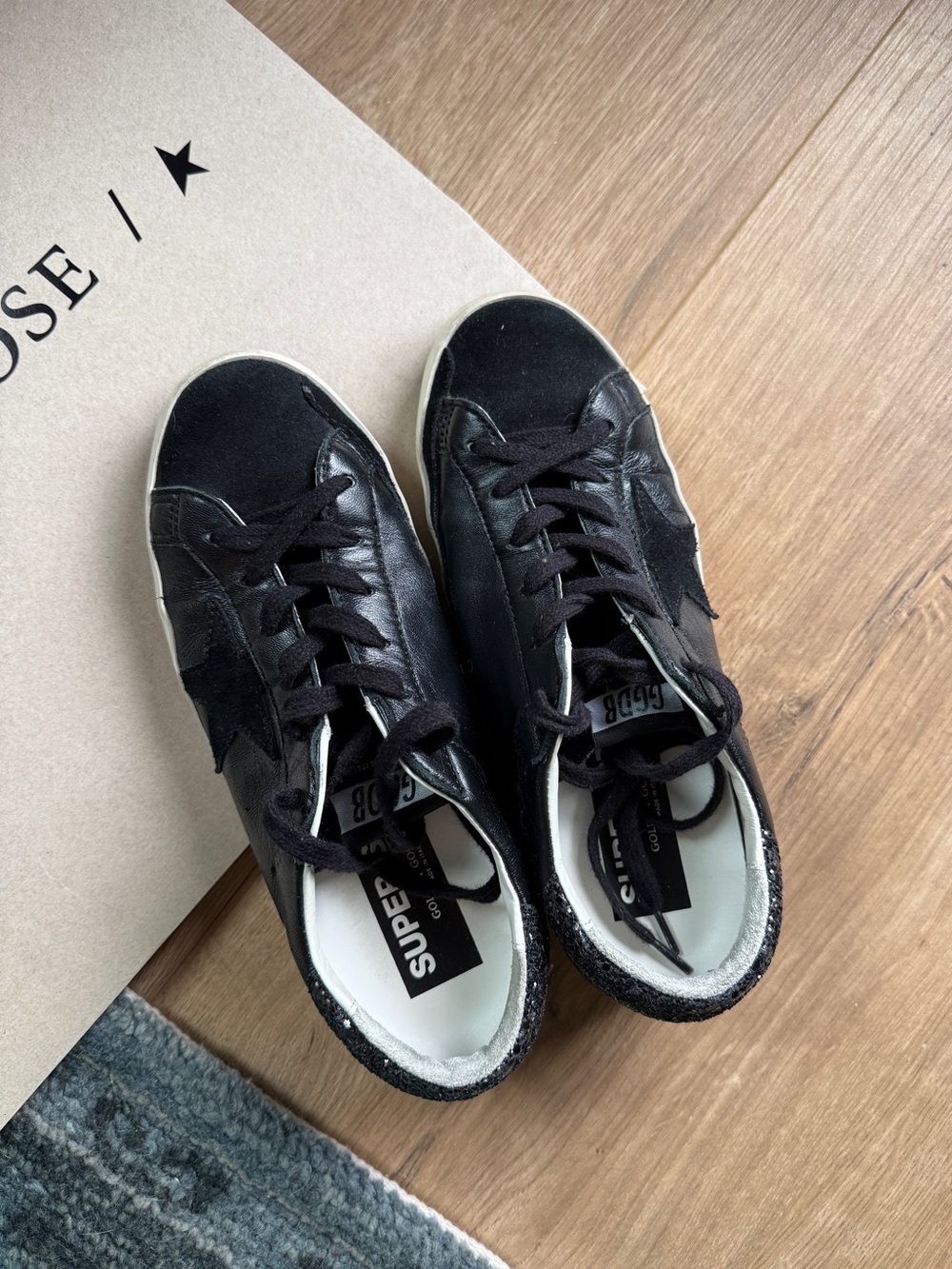 Women's Super-Star in black nappa with black star and glitter heel tab size 38